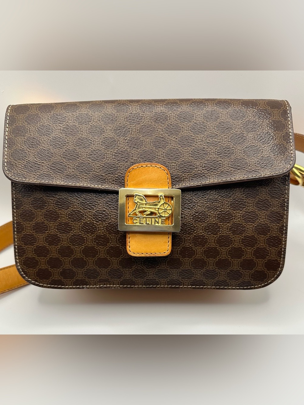 Celine Brown Monogram Leather Clutch with Tan Strap and Gold Hardware